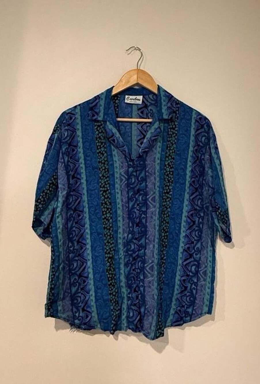 Caribou Button Down Shirt Blue Geometric Vintage 90s